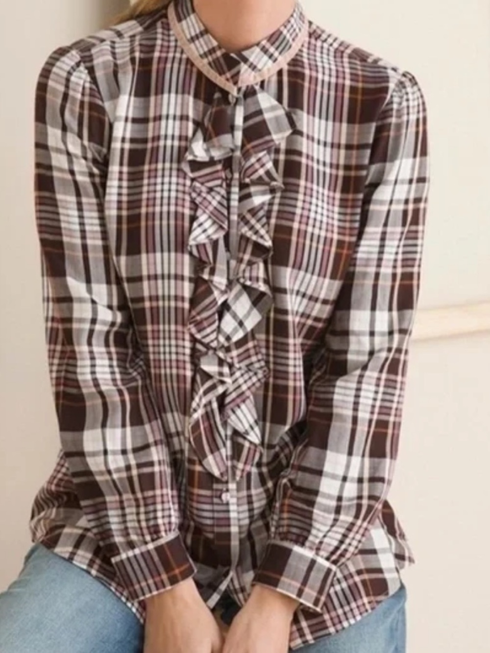 Plaid Ruffle Sz 2  LG Women's Blouse Button Down CHICO’s Cottage Core Classic